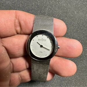 Skagen Denmark Steel Ladies Quartz Watch Silvertone White Diamond Dial  Working